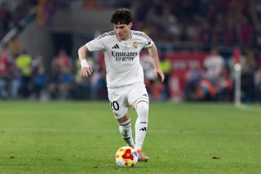 Seville, İspanya - 26 Nisan 2025: Copa del Rey finali Sevilla 'da FC Barcelona ile Real Madrid arasında. Barselona kazandı. İspanyol klasiği. Gerçek Madrid oyuncuları.