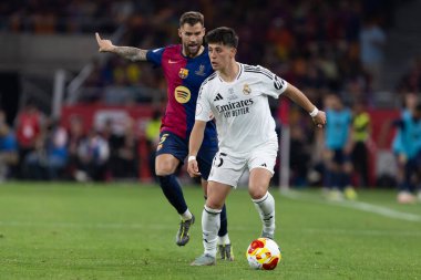 Seville, İspanya - 26 Nisan 2025: Copa del Rey finali Sevilla 'da FC Barcelona ile Real Madrid arasında. Barselona kazandı. İspanyol klasiği. Gerçek Madrid oyuncuları.