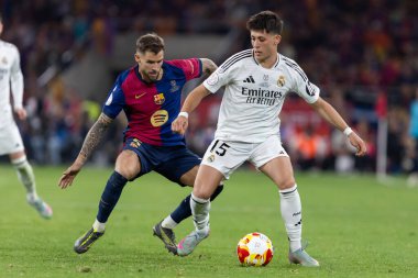 Seville, İspanya - 26 Nisan 2025: Copa del Rey finali Sevilla 'da FC Barcelona ile Real Madrid arasında. Barselona kazandı. İspanyol klasiği. Gerçek Madrid oyuncuları.