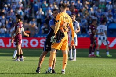 Madrid, İspanya - 24 Mayıs 2025: Legans ile Valladolid arasında oynanan La Liga maçı. Leganlar ve Valladolid HiperHareket Ligi 'ne atıldı. Takımlar bırakmayla karşı karşıya.