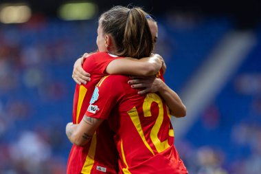 Barcelona, İspanya - 3 Haziran 2025: İspanya ve İngiltere arasında Dünya Kupası elemeleri. Kadın takımı kazandı. Kadın futbolu. İspanyol milli takımı.