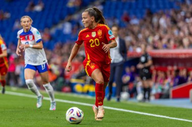 Barcelona, İspanya - 3 Haziran 2025: İspanya ve İngiltere arasında Dünya Kupası elemeleri. Kadın takımı kazandı. Kadın futbolu. İspanyol milli takımı.
