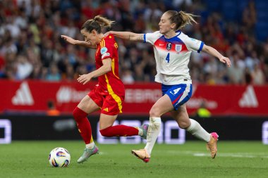 Barcelona, İspanya - 3 Haziran 2025: İspanya ve İngiltere arasında Dünya Kupası elemeleri. Kadın takımı kazandı. Kadın futbolu. İspanyol milli takımı.