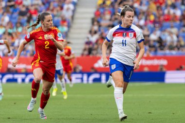 Barcelona, İspanya - 3 Haziran 2025: İspanya ve İngiltere arasında Dünya Kupası elemeleri. Kadın futbolu. İngiltere Milli Takımı.