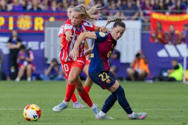 Huesca, İspanya - 7 Haziran 2025: Atletico Madrid ile FC Barcelona arasında oynanan Queen Kupası finali. Barselona kazandı. Bayan futbolcular. Atletico Madrid oyuncuları.
