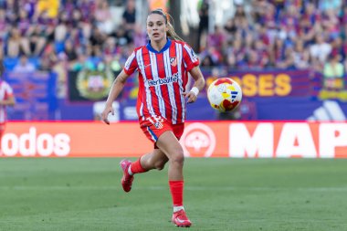 Huesca, İspanya - 7 Haziran 2025: Atletico Madrid ile FC Barcelona arasında oynanan Queen Kupası finali. Barselona kazandı. Bayan futbolcular. Atletico Madrid oyuncuları.