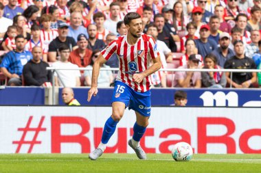 Madrid, İspanya - 27 Eylül 2025: Atletico Madrid ile Real Madrid arasındaki La Liga maçı İspanya 'nın başkentinde oynandı. Atletico Madrid oyuncuları. Futbol müsabakası. EA Spor Ligi.