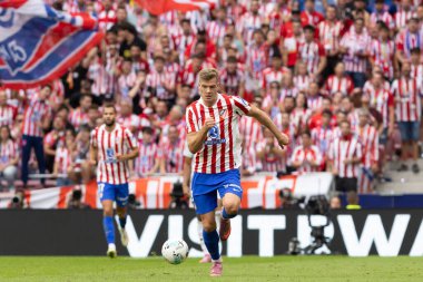 Madrid, İspanya - 27 Eylül 2025: Atletico Madrid ile Real Madrid arasındaki La Liga maçı İspanya 'nın başkentinde oynandı. Atletico Madrid oyuncuları. Futbol müsabakası. EA Spor Ligi.