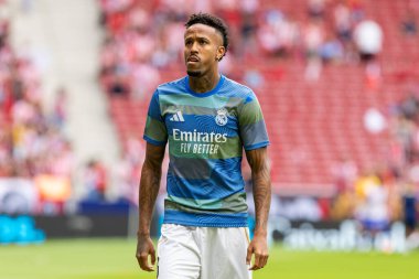 Madrid, İspanya - 27 Eylül 2025: Atletico Madrid ile Real Madrid arasındaki La Liga maçı İspanya 'nın başkentinde oynandı. Gerçek Madrid oyuncuları. Futbol müsabakası. EA Spor Ligi.