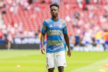 Madrid, İspanya - 27 Eylül 2025: Atletico Madrid ile Real Madrid arasındaki La Liga maçı İspanya 'nın başkentinde oynandı. Gerçek Madrid oyuncuları. Futbol müsabakası. EA Spor Ligi.