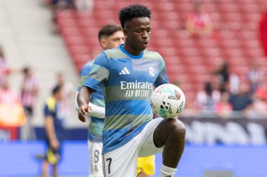 Madrid, İspanya - 27 Eylül 2025: Atletico Madrid ile Real Madrid arasındaki La Liga maçı İspanya 'nın başkentinde oynandı. Gerçek Madrid oyuncuları. Futbol müsabakası. EA Spor Ligi.