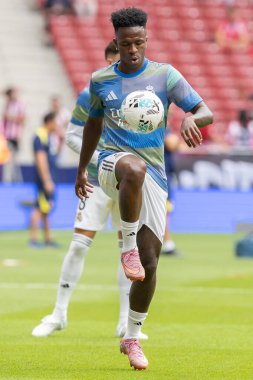 Madrid, İspanya - 27 Eylül 2025: Atletico Madrid ile Real Madrid arasındaki La Liga maçı İspanya 'nın başkentinde oynandı. Gerçek Madrid oyuncuları. Futbol müsabakası. EA Spor Ligi.