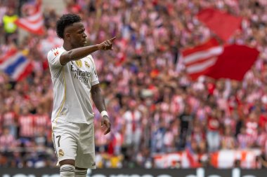 Madrid, İspanya - 27 Eylül 2025: Atletico Madrid ile Real Madrid arasındaki La Liga maçı İspanya 'nın başkentinde oynandı. Gerçek Madrid oyuncuları. Futbol müsabakası. EA Spor Ligi.