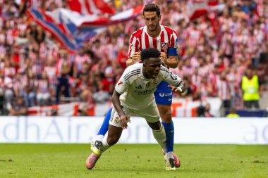 Madrid, İspanya - 27 Eylül 2025: Atletico Madrid ile Real Madrid arasındaki La Liga maçı İspanya 'nın başkentinde oynandı. Gerçek Madrid oyuncuları. Futbol müsabakası. EA Spor Ligi.