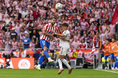 Madrid, İspanya - 27 Eylül 2025: Atletico Madrid ile Real Madrid arasındaki La Liga maçı İspanya 'nın başkentinde oynandı. Gerçek Madrid oyuncuları. Futbol müsabakası. EA Spor Ligi.