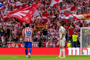 Madrid, İspanya - 27 Eylül 2025: Atletico Madrid ile Real Madrid arasındaki La Liga maçı İspanya 'nın başkentinde oynandı. Gerçek Madrid oyuncuları. Futbol müsabakası. EA Spor Ligi.