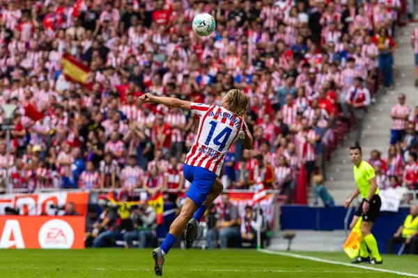 Madrid, İspanya - 27 Eylül 2025: Atletico Madrid ile Real Madrid arasındaki La Liga maçı İspanya 'nın başkentinde oynandı. Atletico Madrid oyuncuları. Futbol müsabakası. EA Spor Ligi.