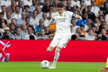 Madrid, İspanya - 4 Ekim 2025: Madrid ile Villarreal arasındaki La Liga maçı Madrid 'de oynandı. Maç sırasında Real Madrid oyuncuları. 15 kez Şampiyonlar Ligi şampiyonu. Beyazlar.