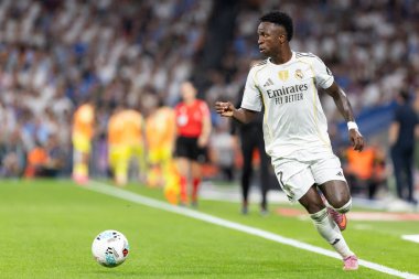 Madrid, İspanya - 4 Ekim 2025: Madrid ile Villarreal arasındaki La Liga maçı Madrid 'de oynandı. Maç sırasında Real Madrid oyuncuları. 15 kez Şampiyonlar Ligi şampiyonu. Beyazlar.