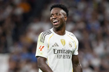 Madrid, İspanya - 4 Ekim 2025: Madrid ile Villarreal arasındaki La Liga maçı Madrid 'de oynandı. Maç sırasında Real Madrid oyuncuları. 15 kez Şampiyonlar Ligi şampiyonu. Beyazlar.