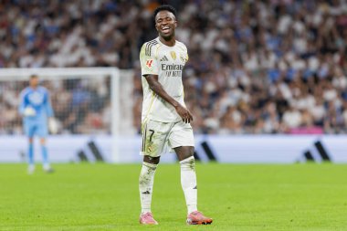 Madrid, İspanya - 4 Ekim 2025: Madrid ile Villarreal arasındaki La Liga maçı Madrid 'de oynandı. Maç sırasında Real Madrid oyuncuları. 15 kez Şampiyonlar Ligi şampiyonu. Beyazlar.