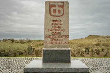 Utah beach landingsmuseum, monuments from the divisions who fought on Utah beach. Normandy France 4 februari 2023.