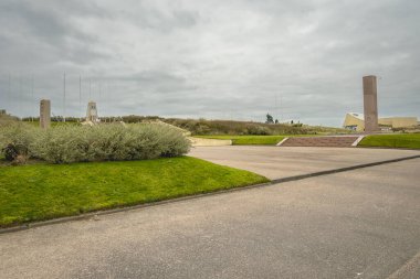 Utah beach landingsmuseum, monuments from the divisions who fought on Utah beach. Normandy France 4 februari 2023.