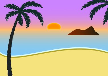 Illustration of a sunset on a beautiful beach with palm trees. clipart