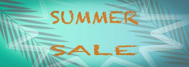 Banner summer sale, With a turquoise background with palm tree leaves. clipart