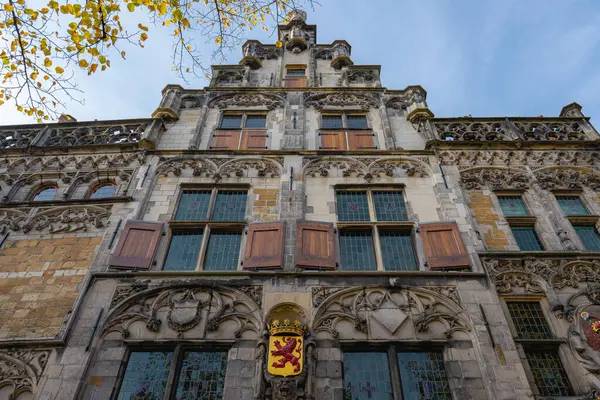 Delft, Hollanda 15 Ekim 2024. Delft 'in merkezindeki eski tarihi bir binanın yakınında..