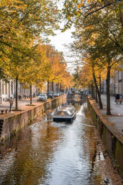 Delft, Hollanda 15 Ekim 2024. Sonbaharda Delft kanallarında bir tur teknesi..