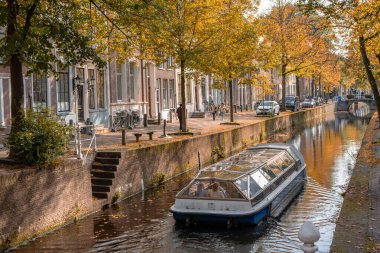 Delft, Hollanda 15 Ekim 2024. Sonbaharda Delft kanallarında bir tur teknesi..