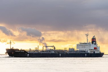 3 Aralık 2024. Hansweert, Hollanda. Hansweert kıyıları için tam gün batımı. Tekneler geçerken.