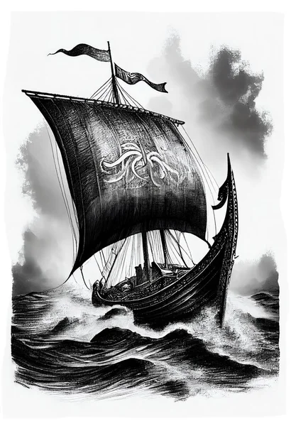 Watercolor ink pencil of Viking dragon ship. Sailing boat.