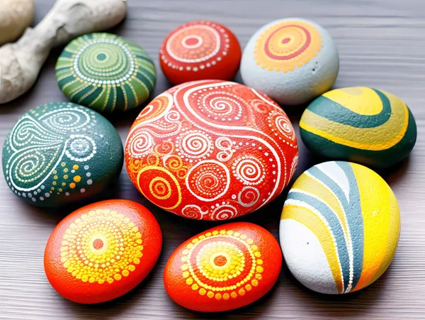 Painted Natural Stones Decorated Lines Patterns Royalty Free Stock Images
