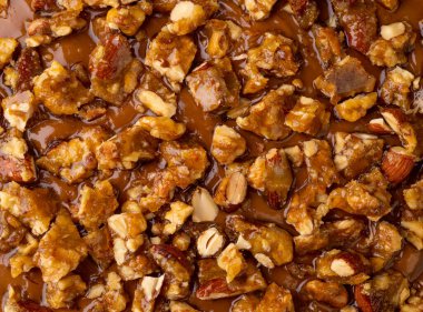 Closeup of almond and walnut praline cheesecake topping.