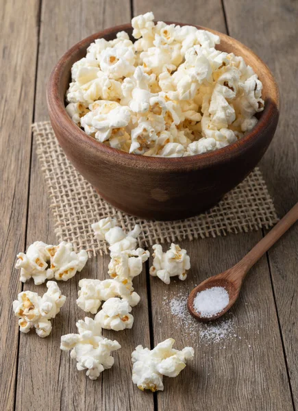 Popcorns Bowl Salt Soda Wooden Table — Stock Photo, Image