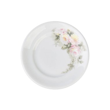 Beyaz arka planda izole edilmiş çiçekli eski beyaz seramik tabak.
