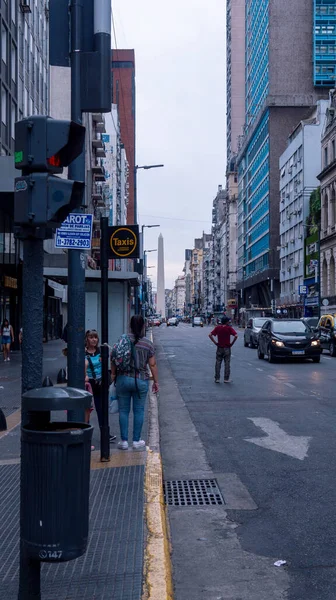 Vista Panorámica Avenida Corrientes Con Obelisco Fondo —  Fotos de Stock