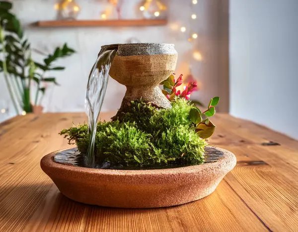 Yeşil bir bitki ve bir evin içindeki beyaz bir duvarın yanına yerleştirilmiş, küçük dekoratif bir zen çeşmesinin yakın görüntüsü.