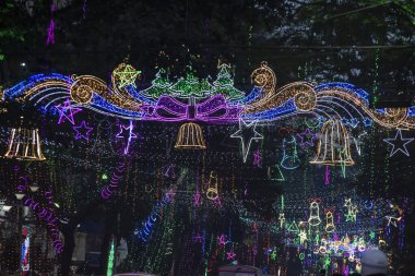 City street is decorated during Christmas festival.  