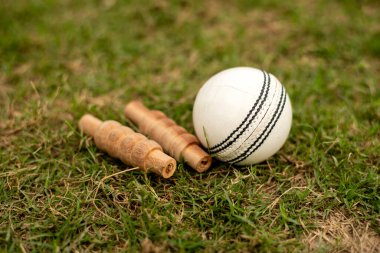 Close-up of white cricket ball and bail on green grass pitch.