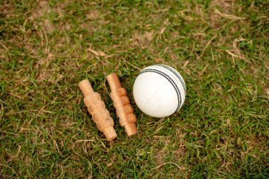 Close-up of white cricket ball and bail on green grass pitch.