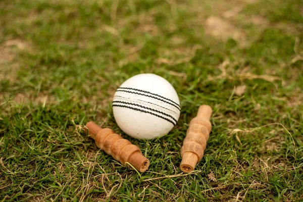 Close-up of white cricket ball and bail on green grass pitch.