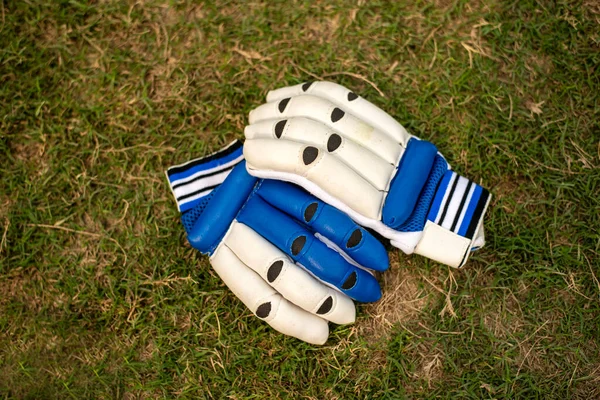 Перчатки Крикета Лежащие Траве — стоковое фото
