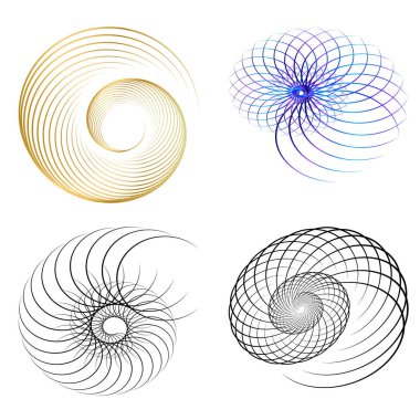 Tasarım elemanı çemberini ayarla İzole edilmiş koyu renk vektör altın halkadan. Harmanlama Aracı kullanılarak oluşturulan birçok parlak girdabın soyut dalgalı çizgileri. Sunumunuz için vektör illüstrasyonu EPS10