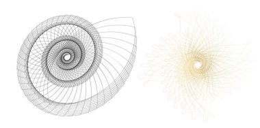 Tasarım elemanı çemberini ayarla İzole edilmiş koyu renk vektör altın halkadan. Harmanlama Aracı kullanılarak oluşturulan birçok parlak girdabın soyut dalgalı çizgileri. Sunumunuz için vektör illüstrasyonu EPS10
