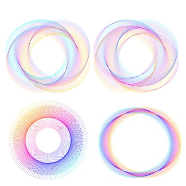 Tasarım elemanları. Bir sürü mor çizgi çemberi dalgası. Beyaz arka planda soyut dalgalı çizgiler izole edildi. Vektör illüstrasyon EPS 10. Harmanlama Aracı kullanılarak oluşturulan çizgilerle renkli dalgalar
