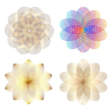 Tasarım elemanı çemberini ayarla İzole edilmiş koyu renk vektör altın halkadan. Harmanlama Aracı kullanılarak oluşturulan birçok parlak girdabın soyut dalgalı çizgileri. Sunumunuz için vektör illüstrasyonu EPS10