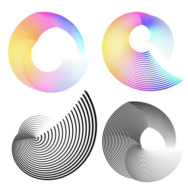 Tasarım elemanı çemberini ayarla İzole edilmiş koyu renk vektör altın halkadan. Harmanlama Aracı kullanılarak oluşturulan birçok parlak girdabın soyut dalgalı çizgileri. Sunumunuz için vektör illüstrasyonu EPS10